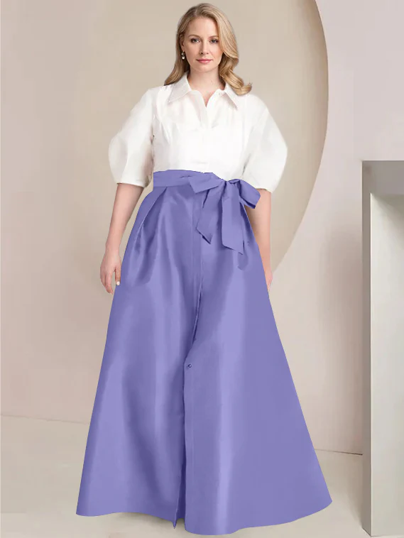 A-Line/Princess Shirt Collar Short Sleeves Floor-Length Plus Size Mother Of The Bride Dresses with Bowknot - Image 40