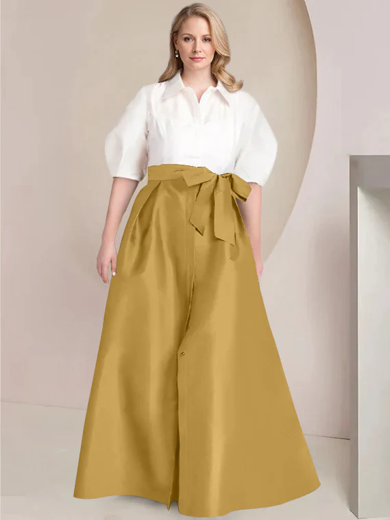 A-Line/Princess Shirt Collar Short Sleeves Floor-Length Plus Size Mother Of The Bride Dresses with Bowknot - Image 48