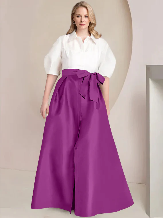 A-Line/Princess Shirt Collar Short Sleeves Floor-Length Plus Size Mother Of The Bride Dresses with Bowknot - Image 53