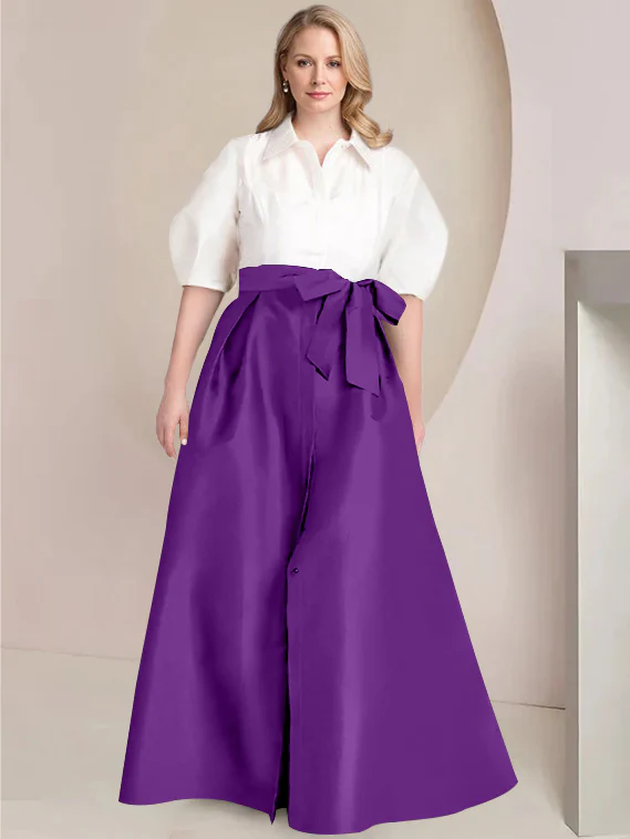 A-Line/Princess Shirt Collar Short Sleeves Floor-Length Plus Size Mother Of The Bride Dresses with Bowknot - Image 57