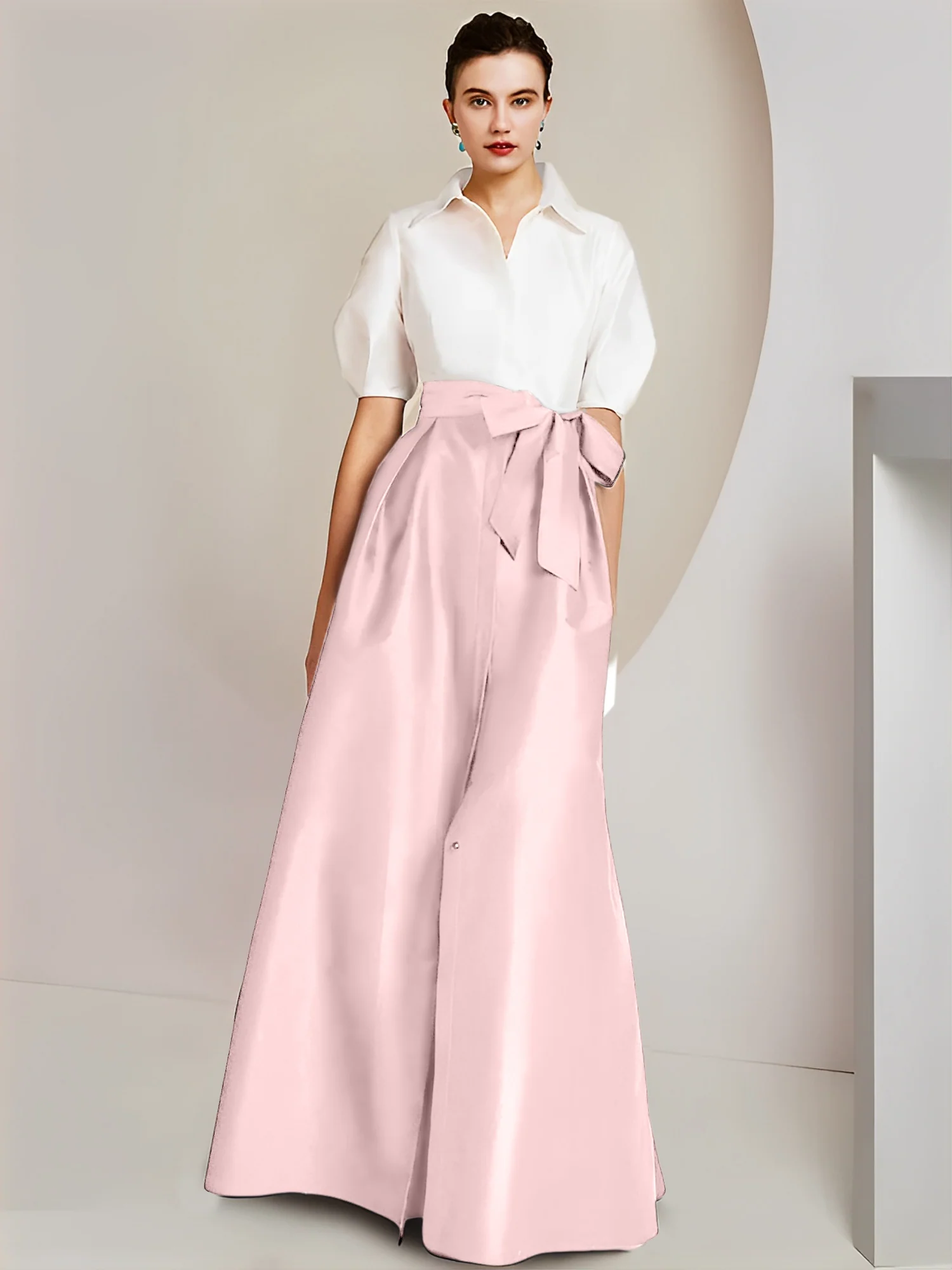 A-Line/Princess Shirt Collar Short Sleeves Floor-Length 2 pieces Mother Of The Bride Dresses with Bowknot - Image 11