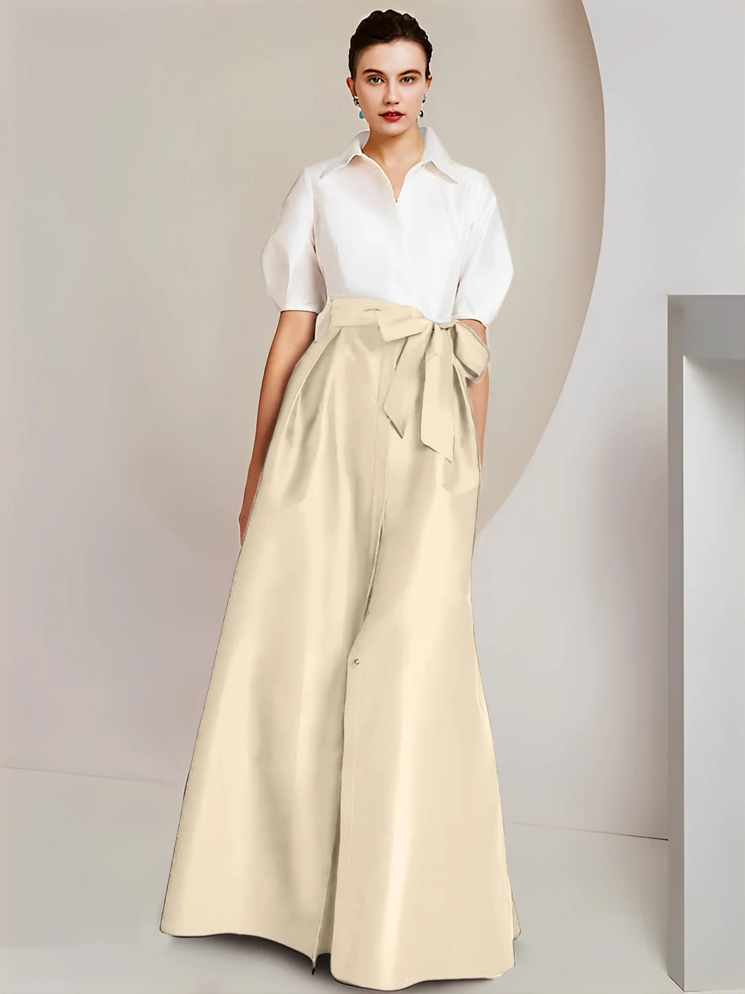 A-Line/Princess Shirt Collar Short Sleeves Floor-Length 2 pieces Mother Of The Bride Dresses with Bowknot - Image 15