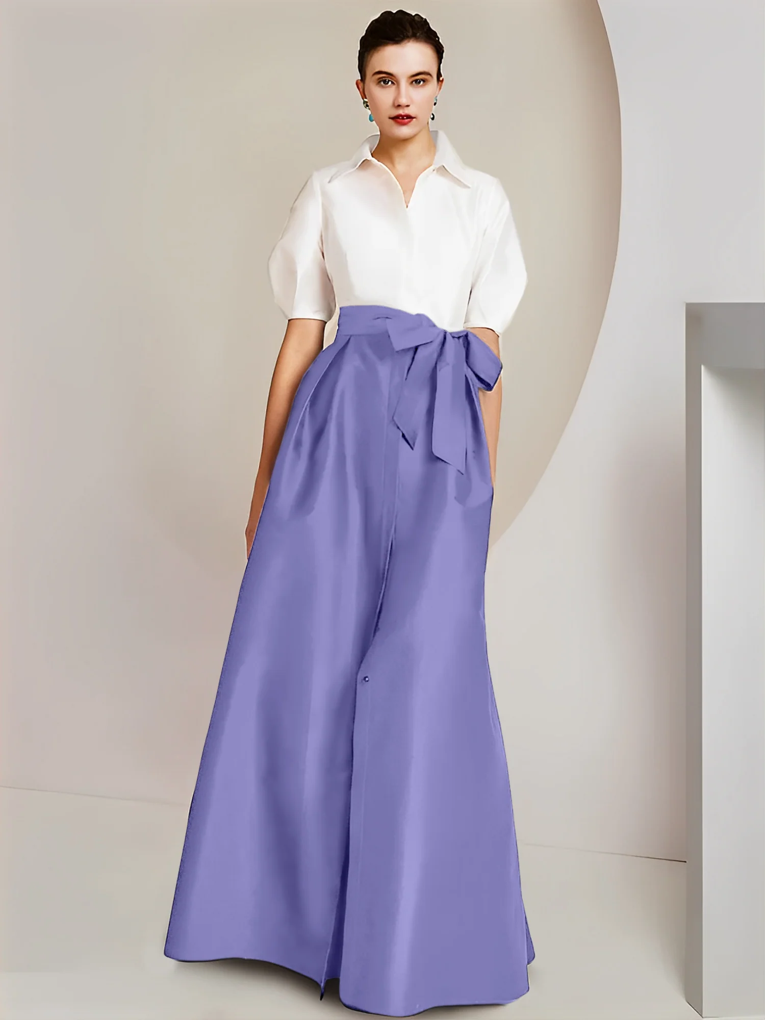 A-Line/Princess Shirt Collar Short Sleeves Floor-Length 2 pieces Mother Of The Bride Dresses with Bowknot - Image 40