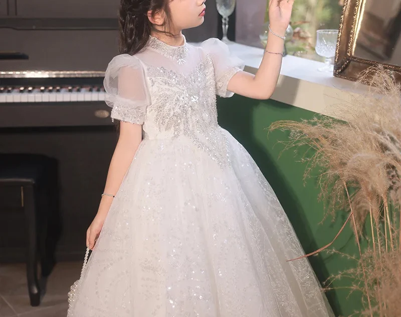 A-Line/princess Short Sleeves High Neck Flower Girl Lace Dress with Crystal Appliques - Image 5