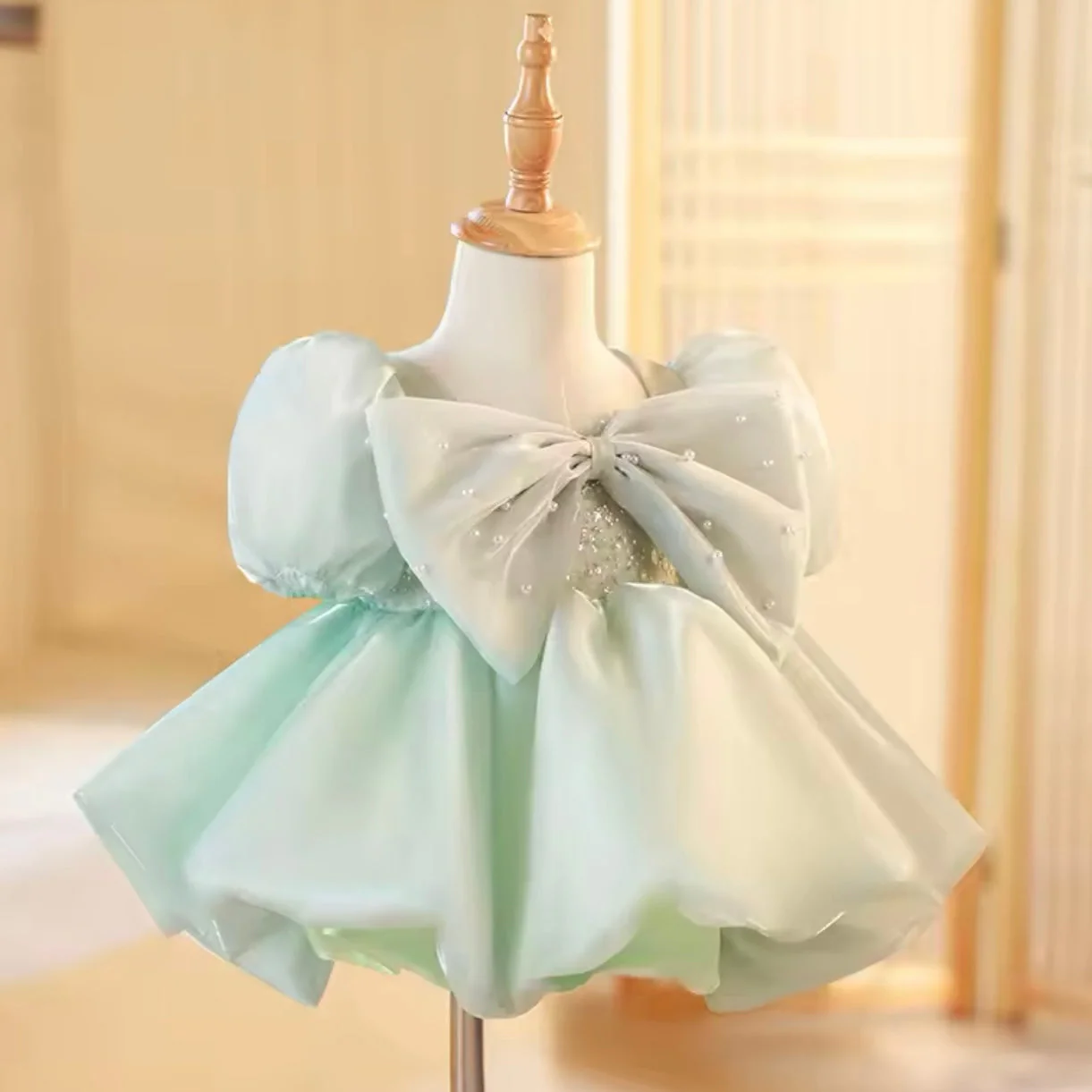 A-Line/Princess Short Sleeves Knee-Length Baby Girl Dresses with Big Bow - Image 4