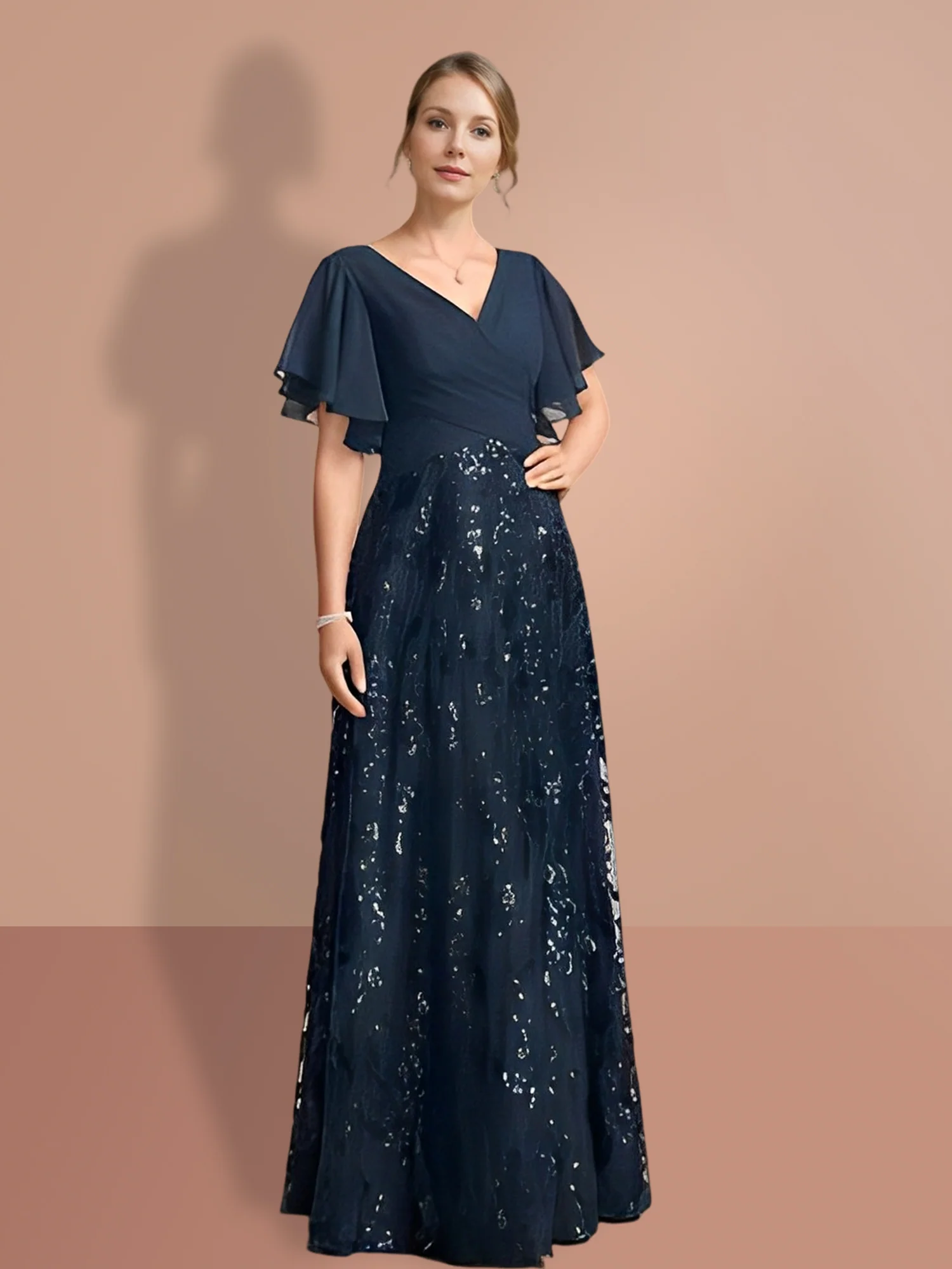 A-Line/Princess V-Neck Short Sleeves Floor-Length Mother Of The Bride Dresses with Sequins - Image 8