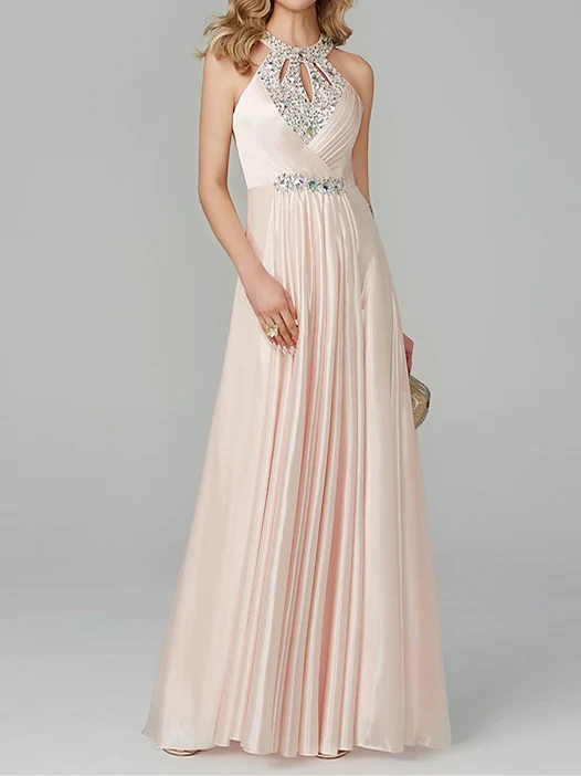 A-Line/Princess Sleeveless Halter Neck Floor-Length Prom Dresses with Crystals