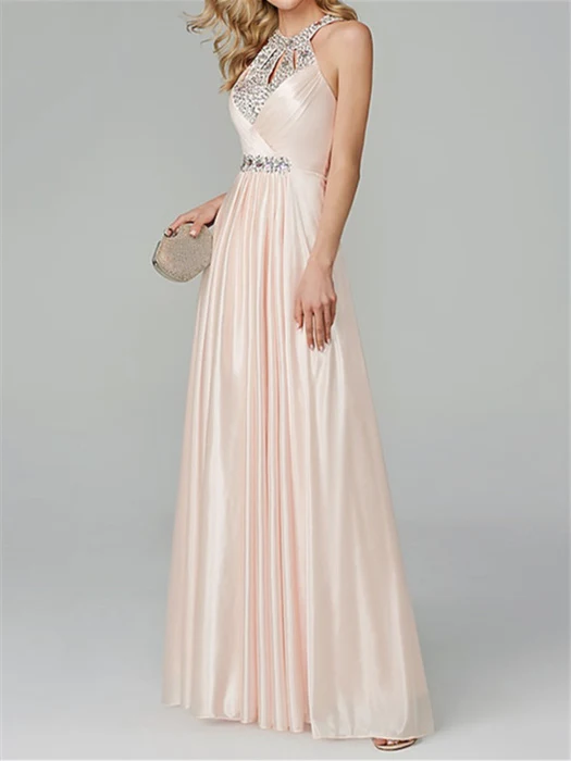 A-Line/Princess Sleeveless Halter Neck Floor-Length Prom Dresses with Crystals - Image 3