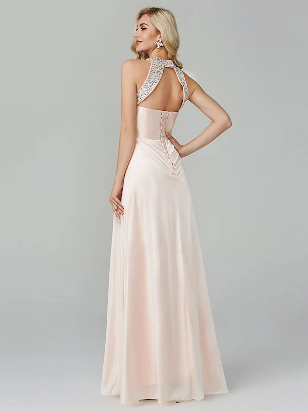 A-Line/Princess Sleeveless Halter Neck Floor-Length Prom Dresses with Crystals - Image 7
