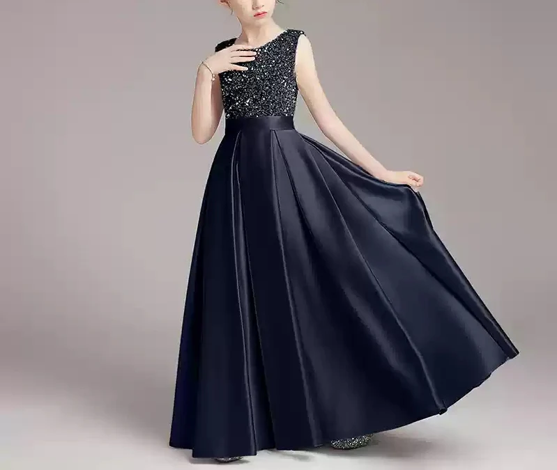 A-Line/Princess Sleeveless Round Neck Floor Length Girl Party Shinning Dresses - Image 4