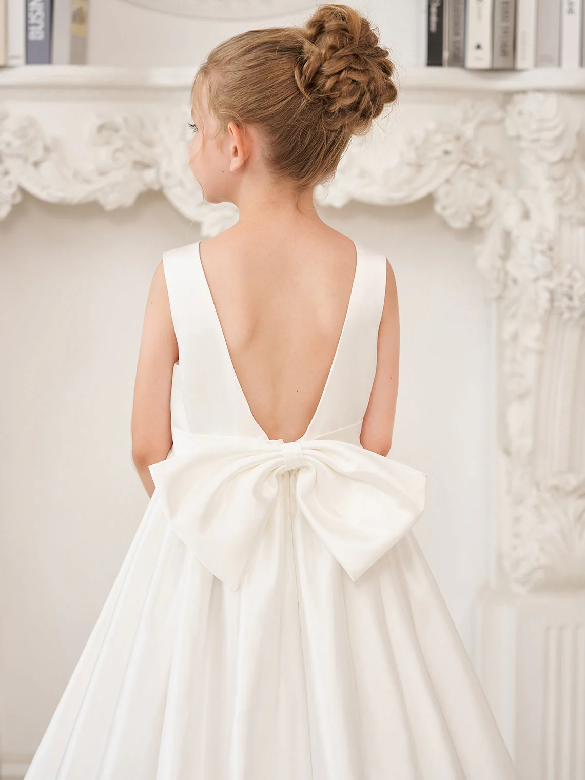A-Line Princess Sleeveless Satin Flower Girl Dress with Sweep Train and Bow - Image 2