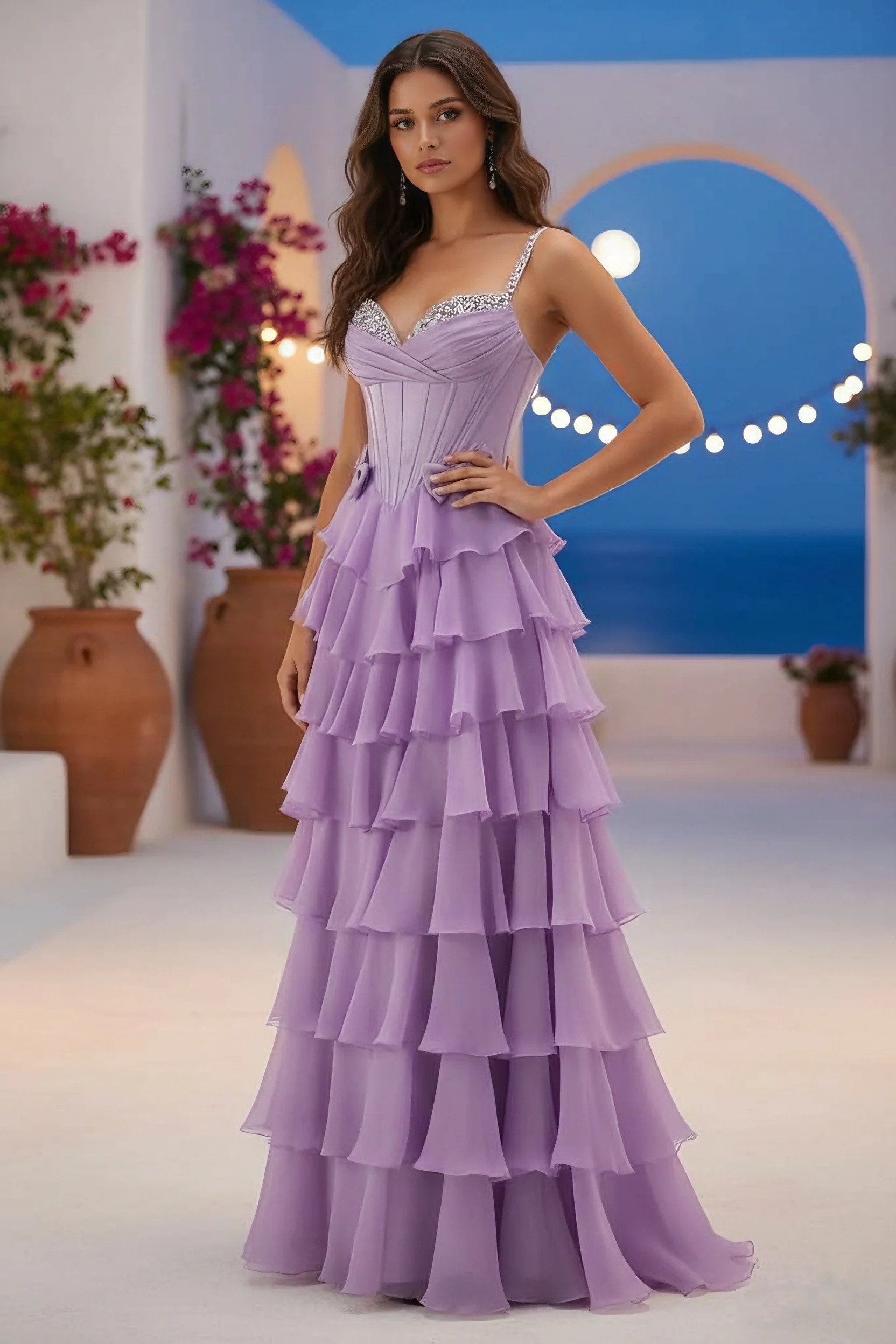 A-Line/Princess Spaghetti Straps Chiffon Prom Dresses Sequins Sleeveless Floor-Length Formal Dresses - Image 3