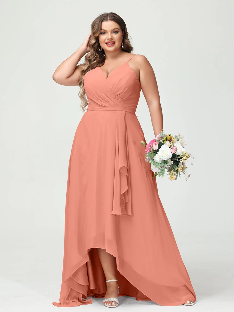 A-Line/Princess Spaghetti Straps Chiffon Ruffles Asymmetrical Plus Size Bridesmaid Dresses with Pockets - Image 15
