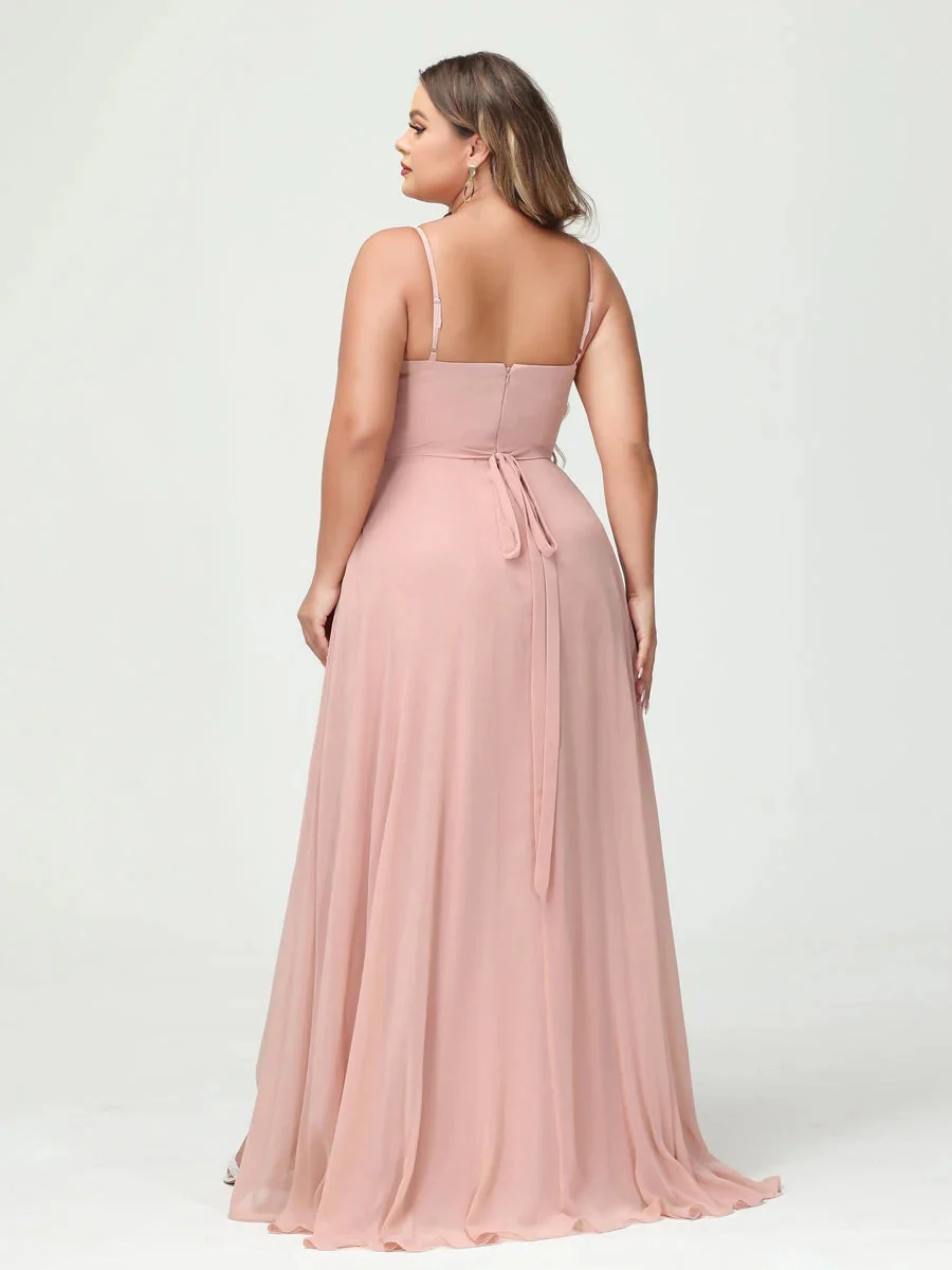 A-Line/Princess Spaghetti Straps Chiffon Ruffles Asymmetrical Plus Size Bridesmaid Dresses with Pockets - Image 2