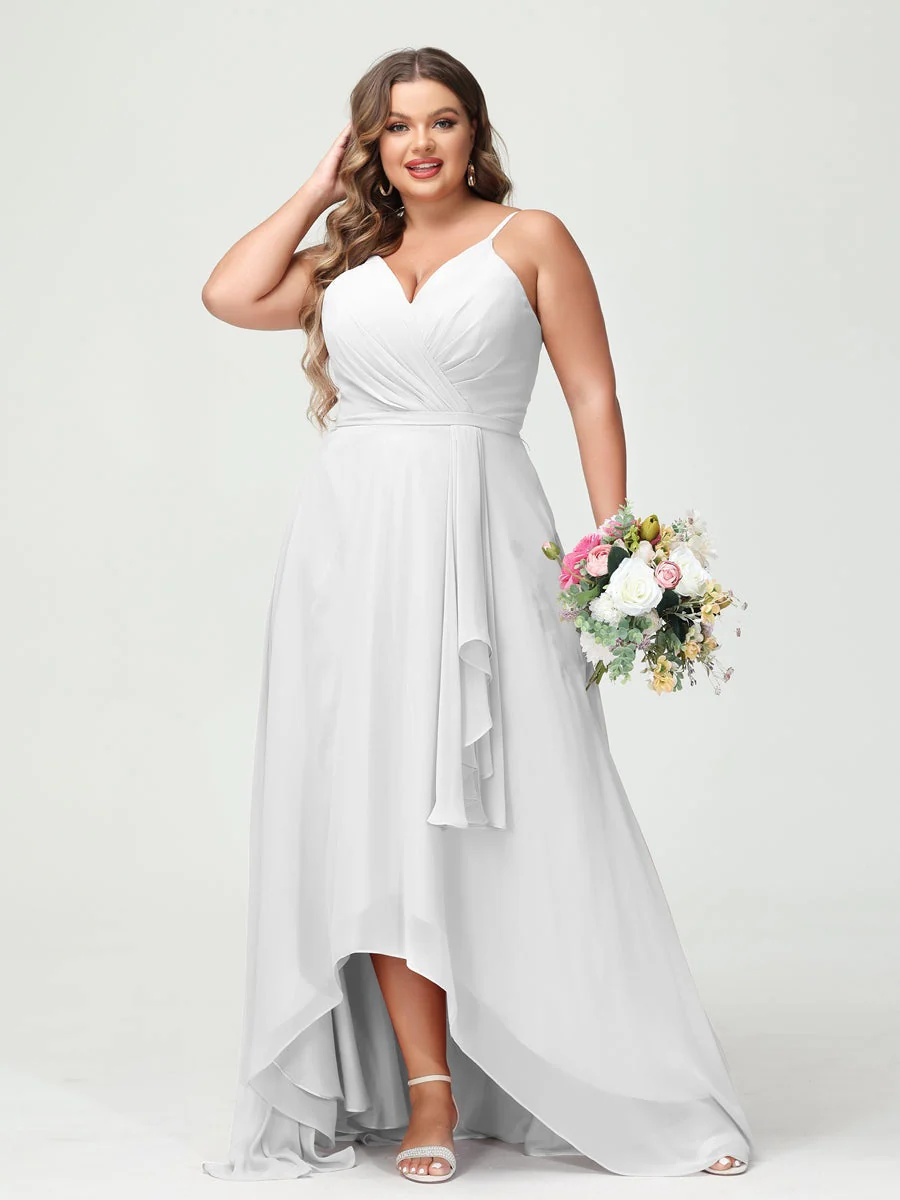 A-Line/Princess Spaghetti Straps Chiffon Ruffles Asymmetrical Plus Size Bridesmaid Dresses with Pockets - Image 20