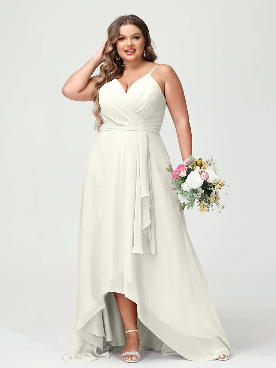 A-Line/Princess Spaghetti Straps Chiffon Ruffles Asymmetrical Plus Size Bridesmaid Dresses with Pockets - Image 21