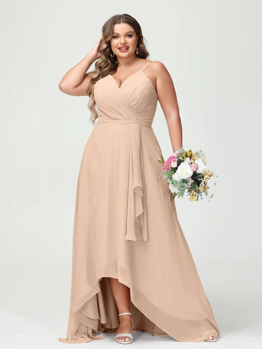 A-Line/Princess Spaghetti Straps Chiffon Ruffles Asymmetrical Plus Size Bridesmaid Dresses with Pockets - Image 29