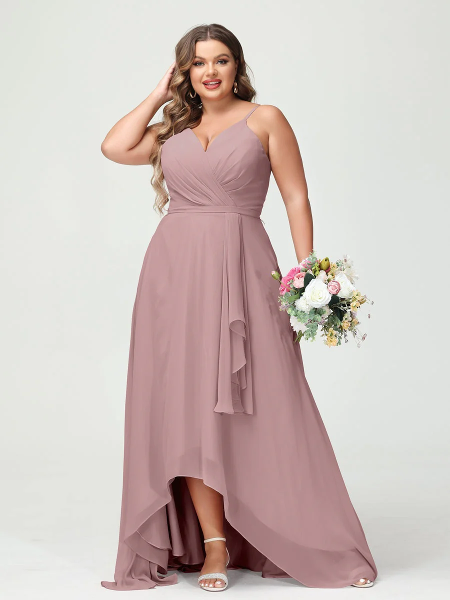 A-Line/Princess Spaghetti Straps Chiffon Ruffles Asymmetrical Plus Size Bridesmaid Dresses with Pockets - Image 30