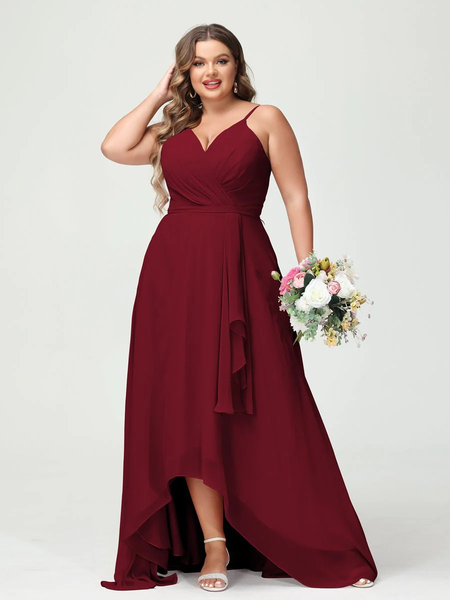 A-Line/Princess Spaghetti Straps Chiffon Ruffles Asymmetrical Plus Size Bridesmaid Dresses with Pockets - Image 37