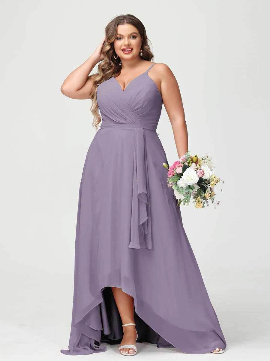 A-Line/Princess Spaghetti Straps Chiffon Ruffles Asymmetrical Plus Size Bridesmaid Dresses with Pockets - Image 39