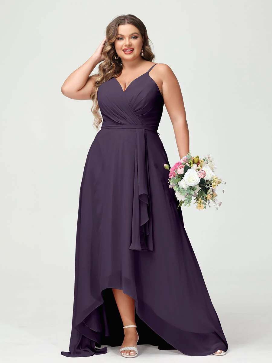 A-Line/Princess Spaghetti Straps Chiffon Ruffles Asymmetrical Plus Size Bridesmaid Dresses with Pockets - Image 45