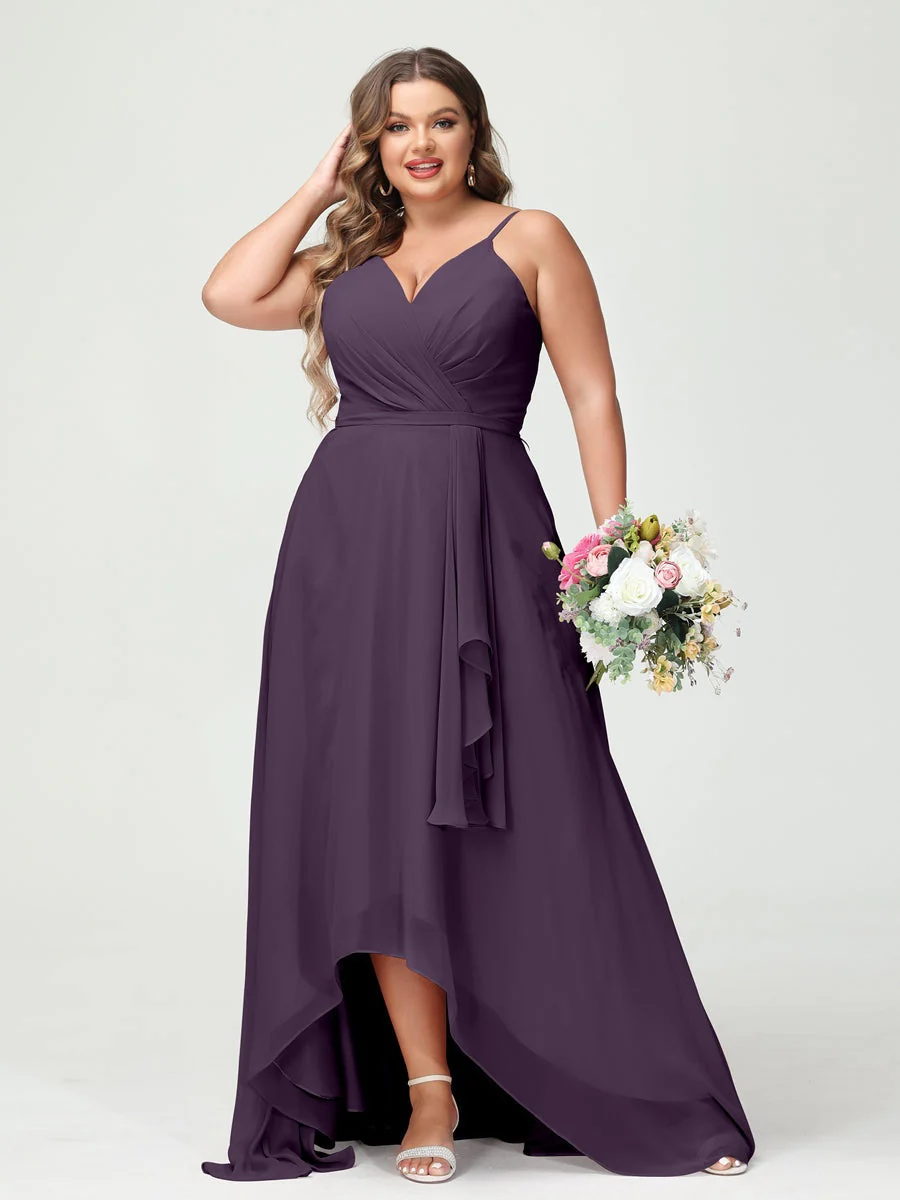 A-Line/Princess Spaghetti Straps Chiffon Ruffles Asymmetrical Plus Size Bridesmaid Dresses with Pockets - Image 46