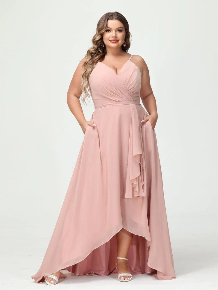 A-Line/Princess Spaghetti Straps Chiffon Ruffles Asymmetrical Plus Size Bridesmaid Dresses with Pockets - Image 5