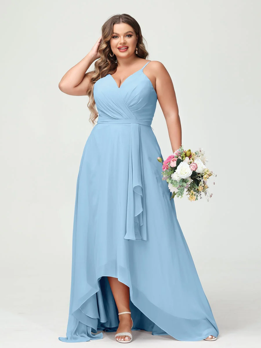 A-Line/Princess Spaghetti Straps Chiffon Ruffles Asymmetrical Plus Size Bridesmaid Dresses with Pockets - Image 50