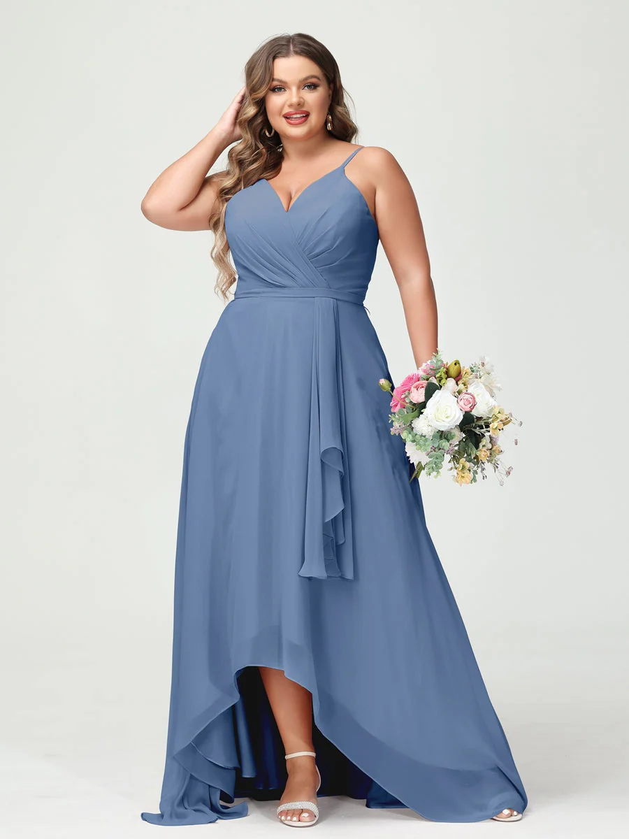 A-Line/Princess Spaghetti Straps Chiffon Ruffles Asymmetrical Plus Size Bridesmaid Dresses with Pockets - Image 51