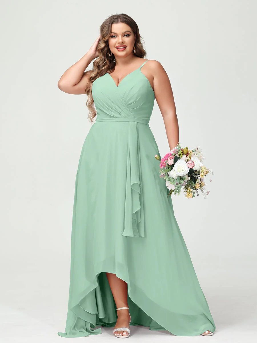A-Line/Princess Spaghetti Straps Chiffon Ruffles Asymmetrical Plus Size Bridesmaid Dresses with Pockets - Image 61