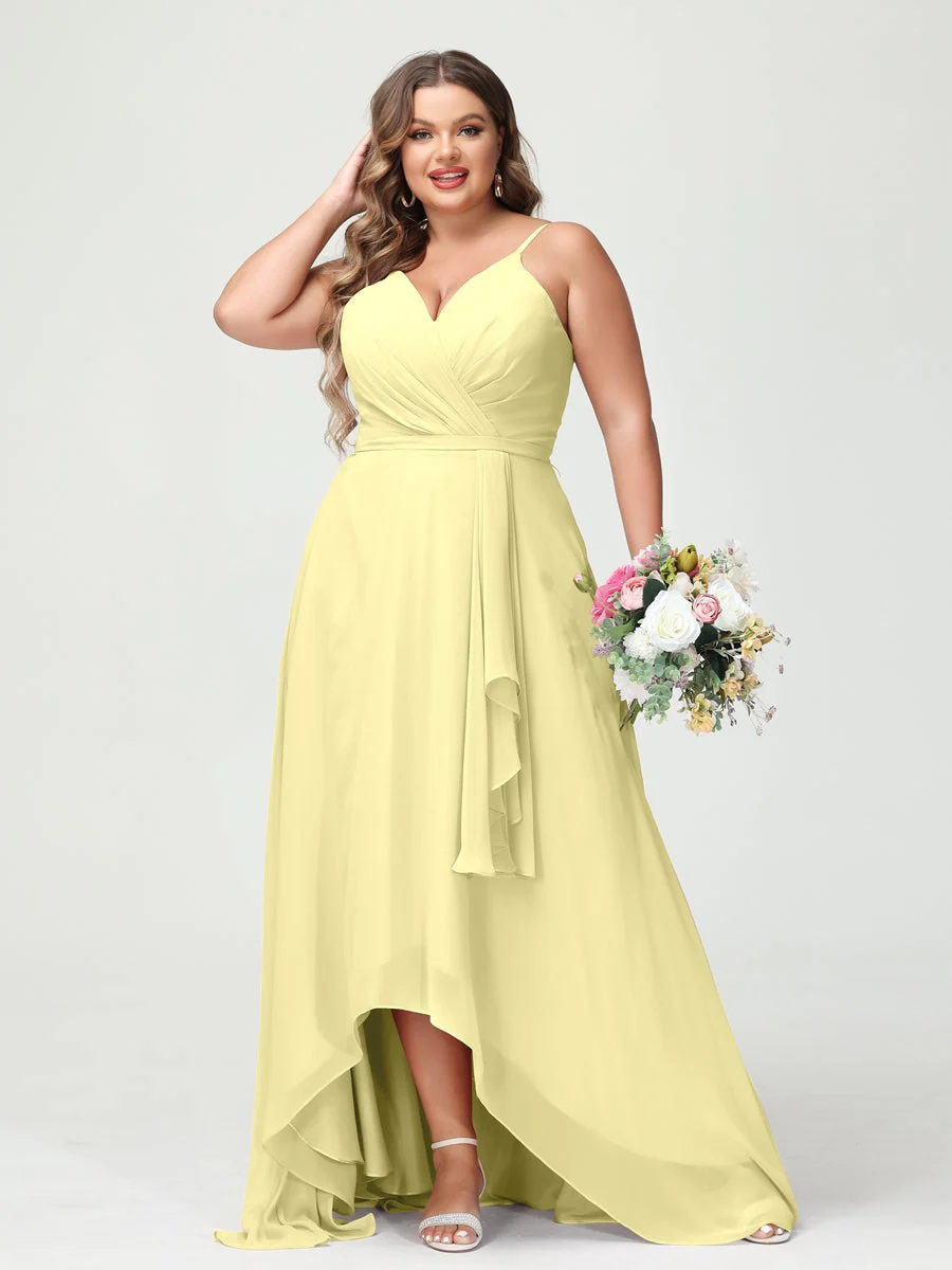 A-Line/Princess Spaghetti Straps Chiffon Ruffles Asymmetrical Plus Size Bridesmaid Dresses with Pockets - Image 69