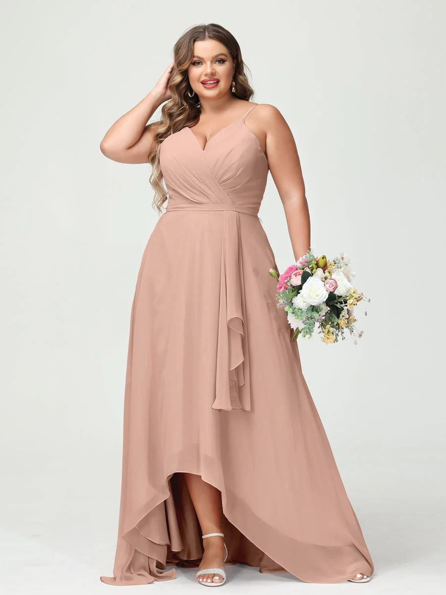 A-Line/Princess Spaghetti Straps Chiffon Ruffles Asymmetrical Plus Size Bridesmaid Dresses with Pockets - Image 7