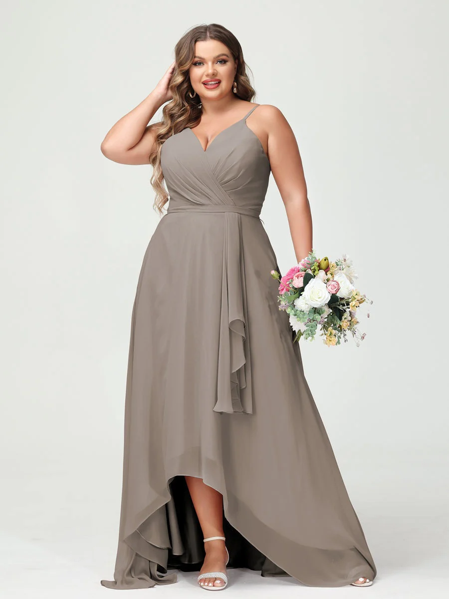 A-Line/Princess Spaghetti Straps Chiffon Ruffles Asymmetrical Plus Size Bridesmaid Dresses with Pockets - Image 73