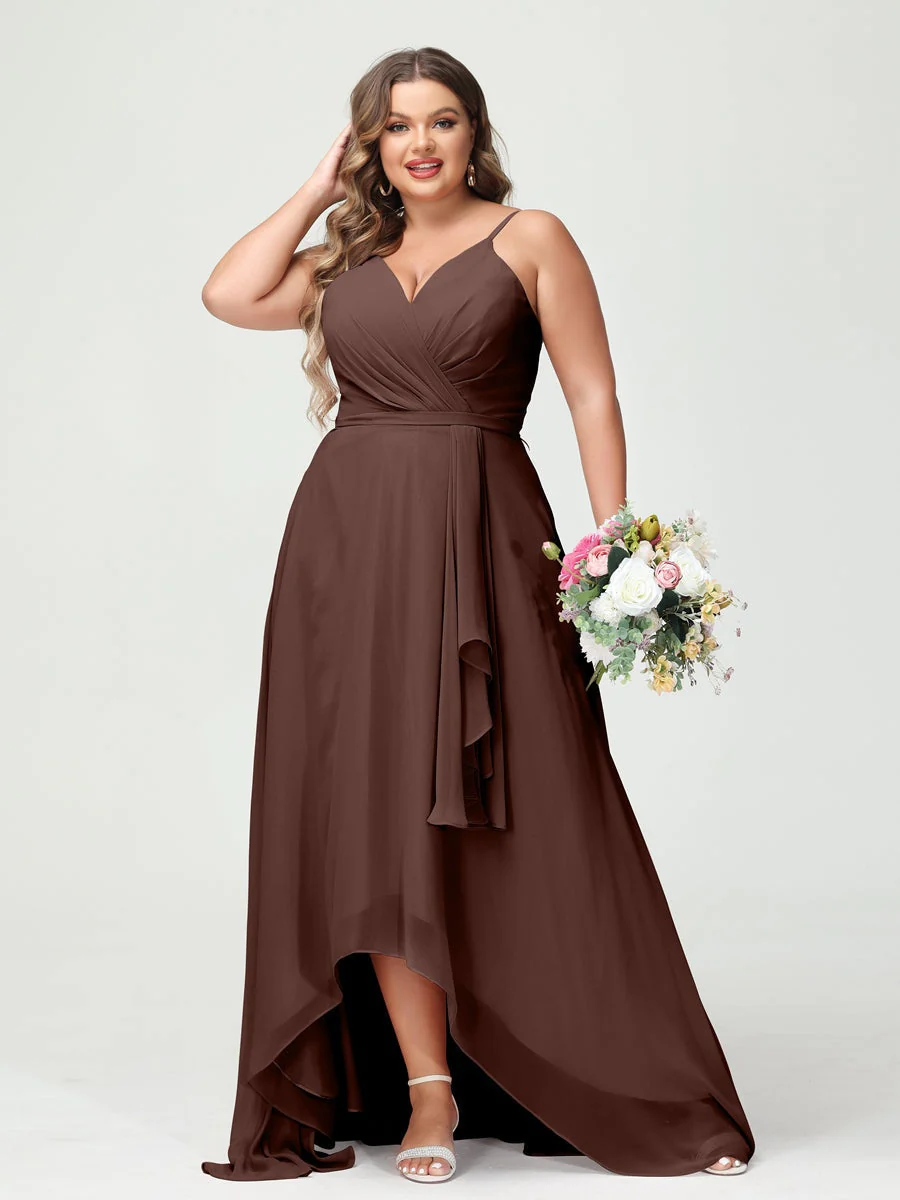 A-Line/Princess Spaghetti Straps Chiffon Ruffles Asymmetrical Plus Size Bridesmaid Dresses with Pockets - Image 76