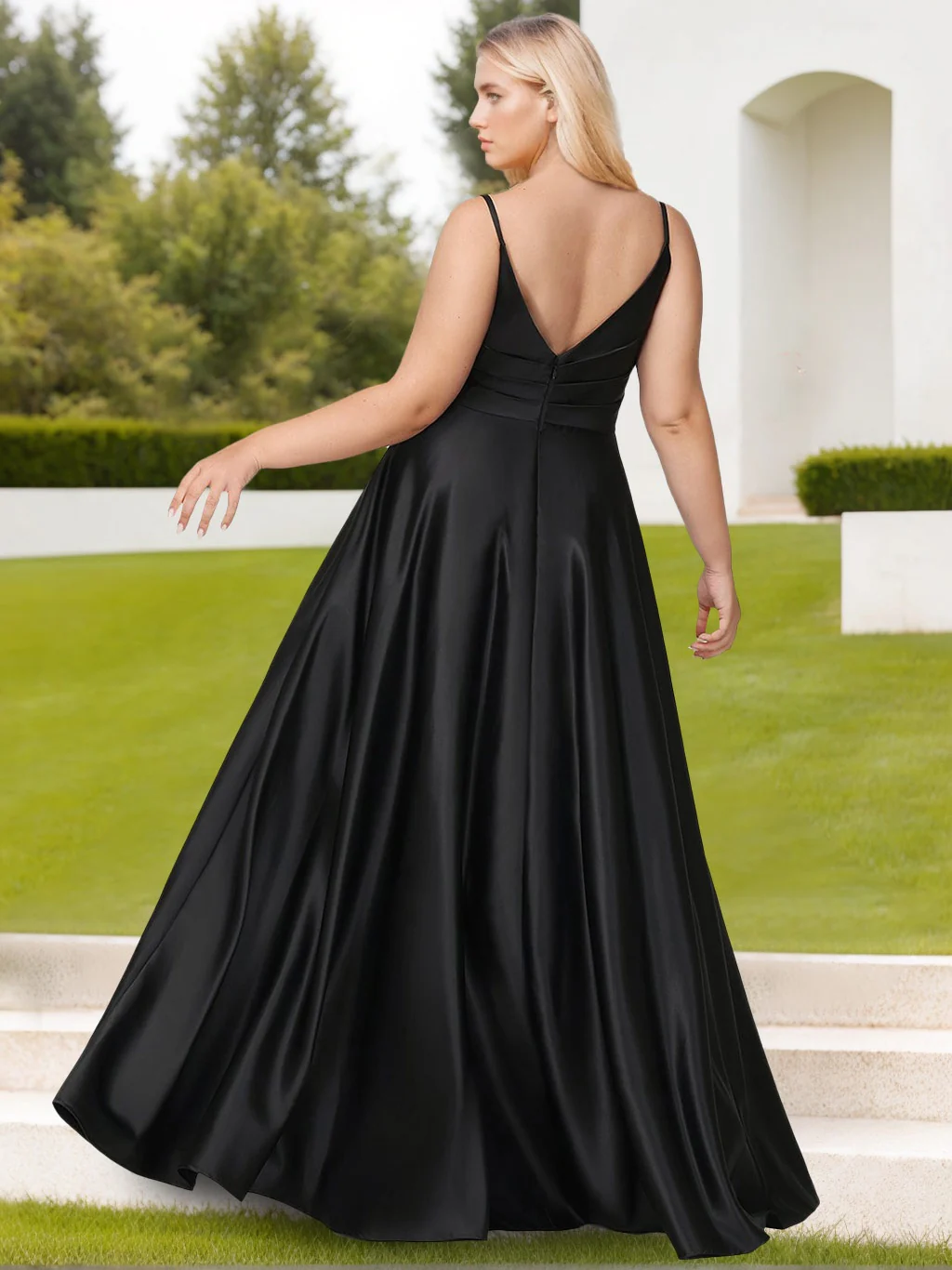 A-Line/Princess Spaghetti Straps Deep V-Neck Sleeveless Floor-Length Plus Size Bridesmaid Dresses with Split Side & Ruffles - Image 2