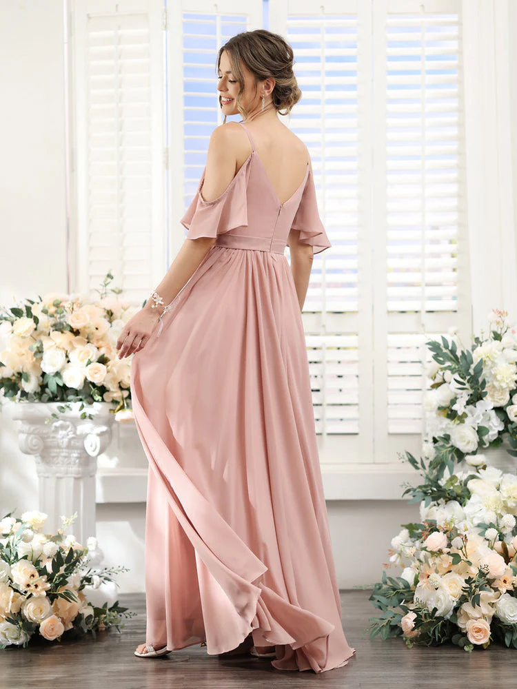 A-Line/Princess Spaghetti Straps Floor-Length Chiffon Bridesmaid Dresses with Split Side & Ruched - Image 2