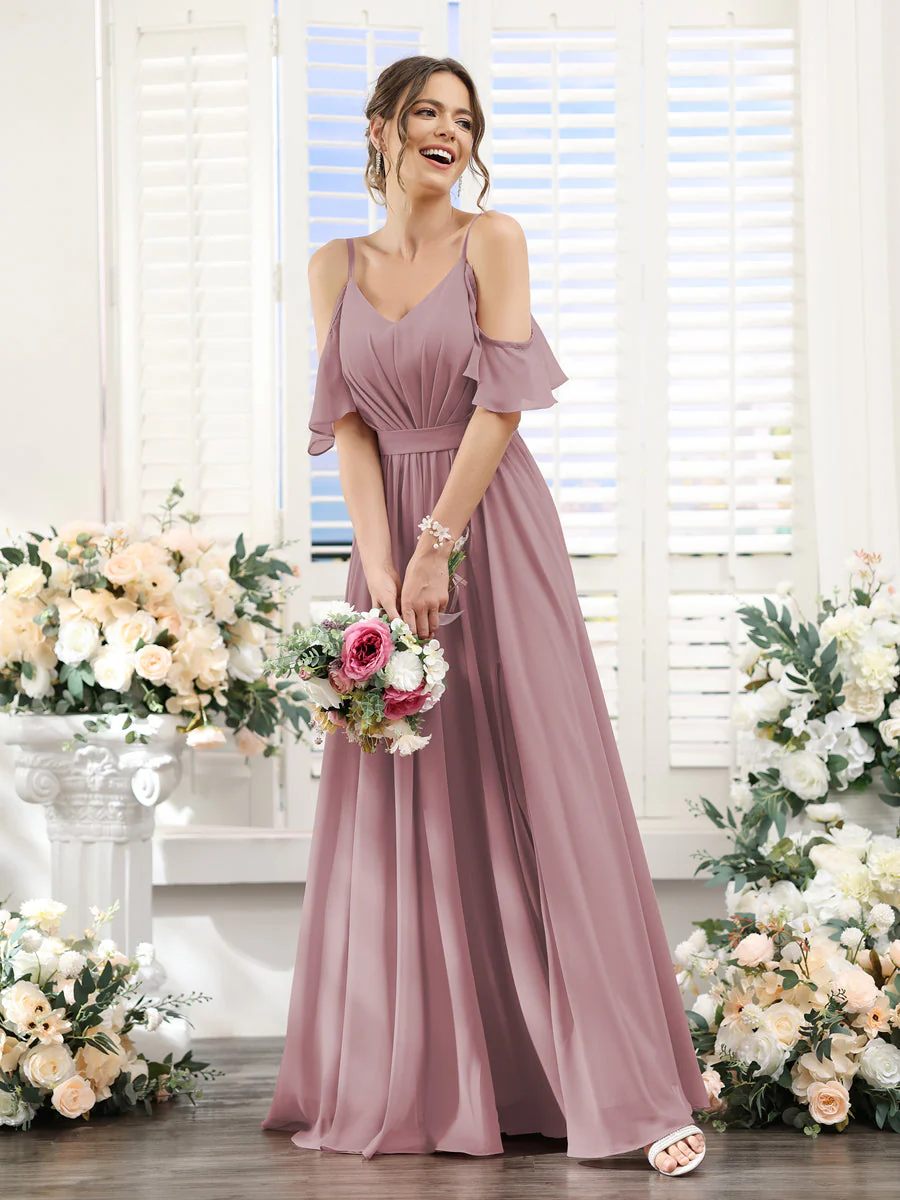 A-Line/Princess Spaghetti Straps Floor-Length Chiffon Bridesmaid Dresses with Split Side & Ruched - Image 32