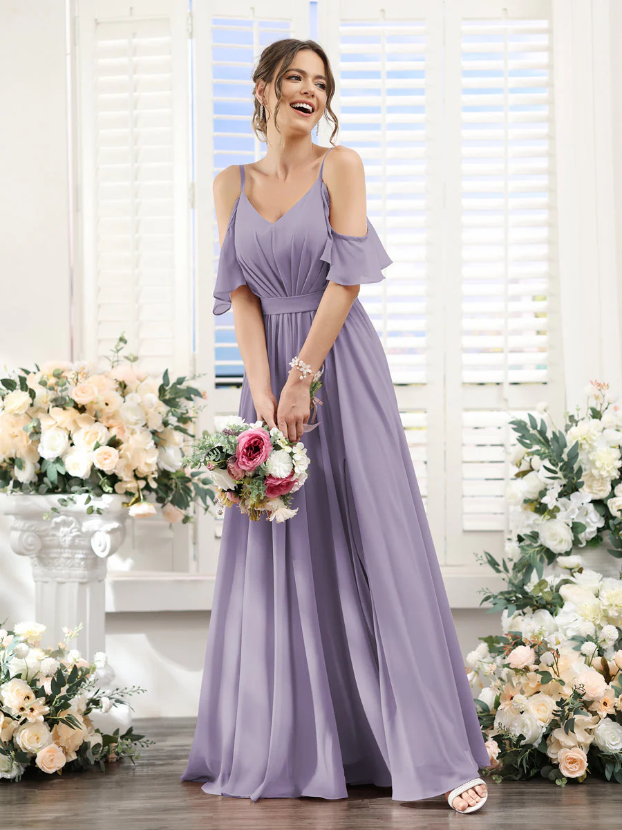 A-Line/Princess Spaghetti Straps Floor-Length Chiffon Bridesmaid Dresses with Split Side & Ruched - Image 40