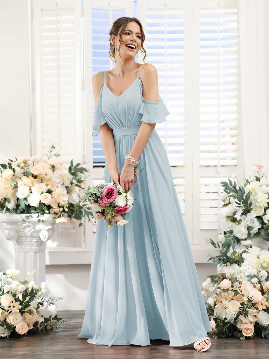 A-Line/Princess Spaghetti Straps Floor-Length Chiffon Bridesmaid Dresses with Split Side & Ruched - Image 48