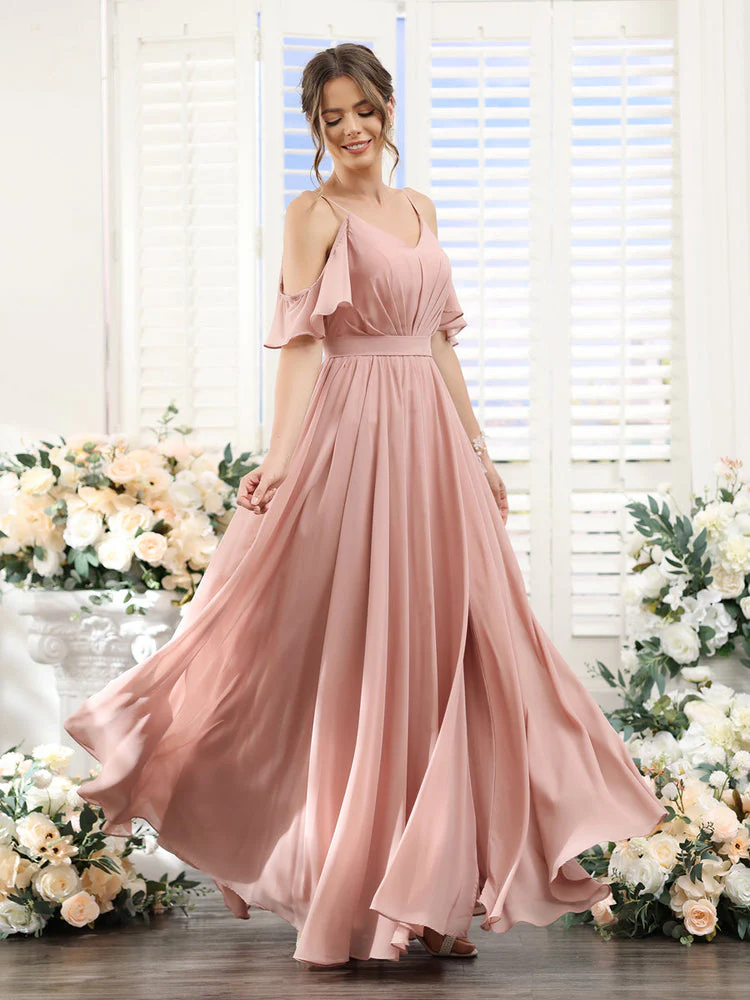 A-Line/Princess Spaghetti Straps Floor-Length Chiffon Bridesmaid Dresses with Split Side & Ruched - Image 5
