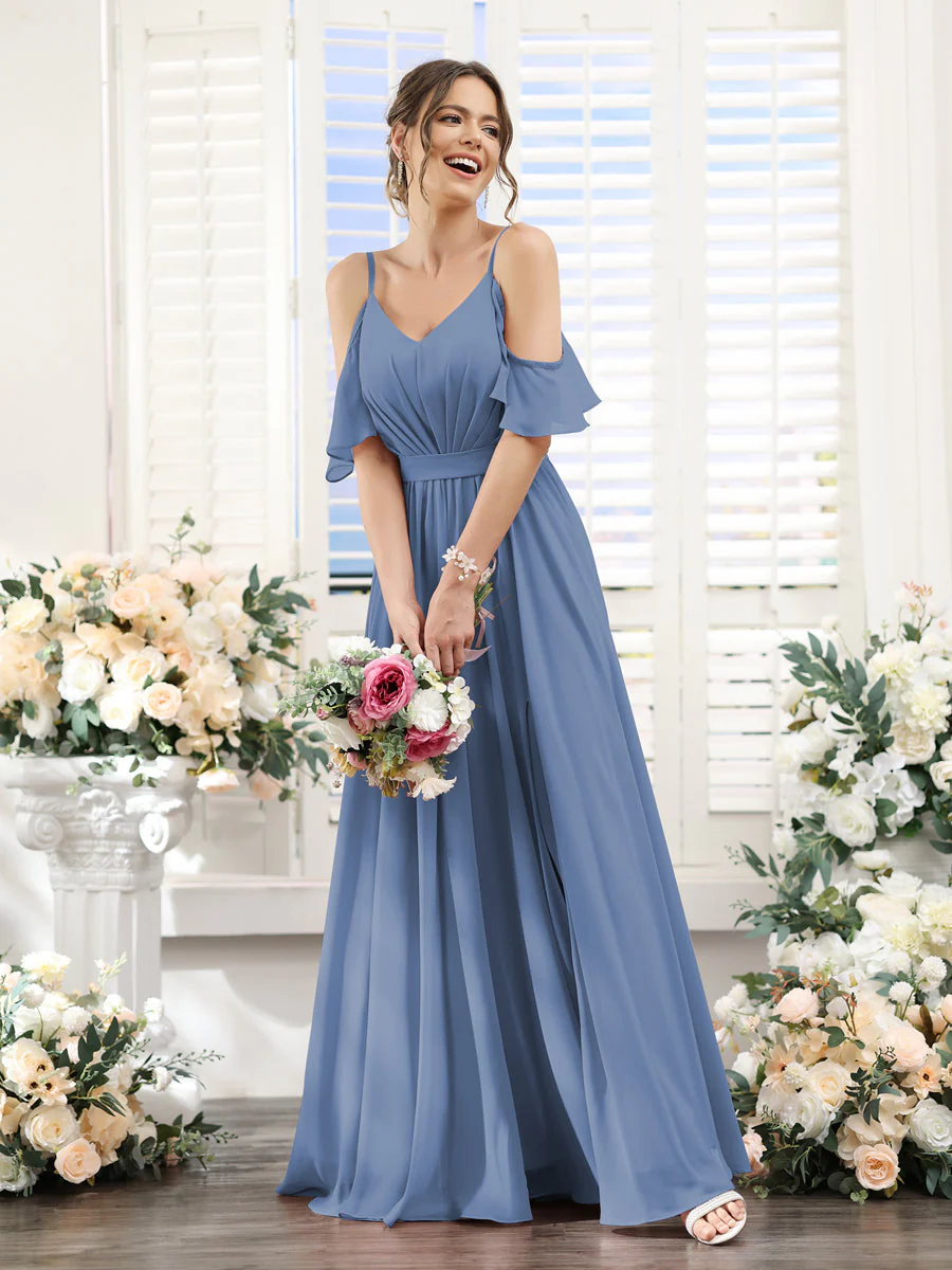 A-Line/Princess Spaghetti Straps Floor-Length Chiffon Bridesmaid Dresses with Split Side & Ruched - Image 52