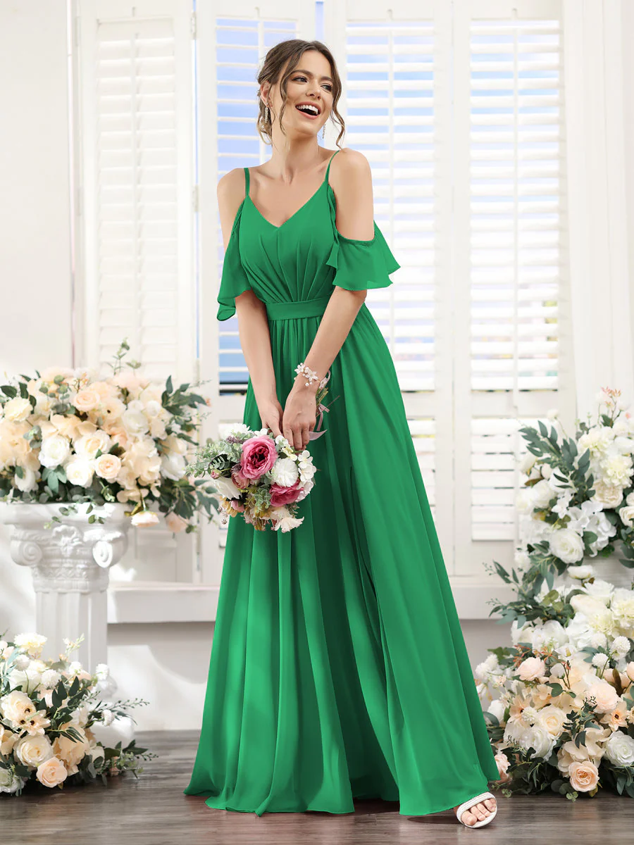 A-Line/Princess Spaghetti Straps Floor-Length Chiffon Bridesmaid Dresses with Split Side & Ruched - Image 65