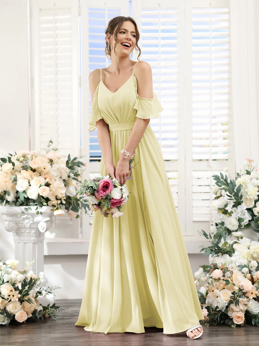 A-Line/Princess Spaghetti Straps Floor-Length Chiffon Bridesmaid Dresses with Split Side & Ruched - Image 70