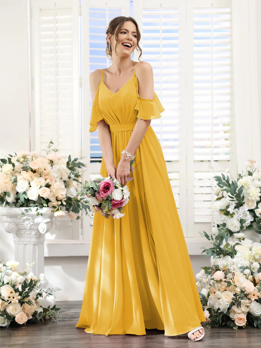 A-Line/Princess Spaghetti Straps Floor-Length Chiffon Bridesmaid Dresses with Split Side & Ruched - Image 71
