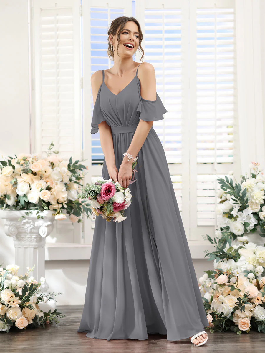 A-Line/Princess Spaghetti Straps Floor-Length Chiffon Bridesmaid Dresses with Split Side & Ruched - Image 76