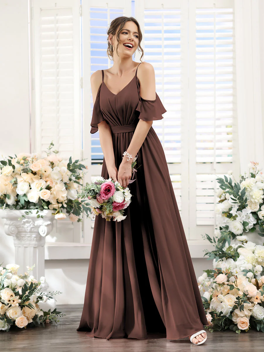 A-Line/Princess Spaghetti Straps Floor-Length Chiffon Bridesmaid Dresses with Split Side & Ruched - Image 77