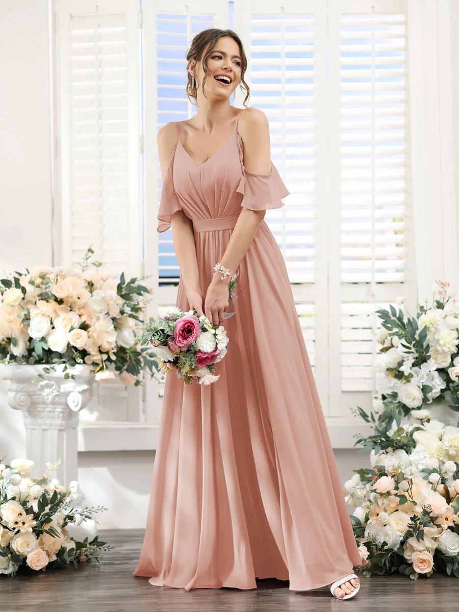 A-Line/Princess Spaghetti Straps Floor-Length Chiffon Bridesmaid Dresses with Split Side & Ruched - Image 8