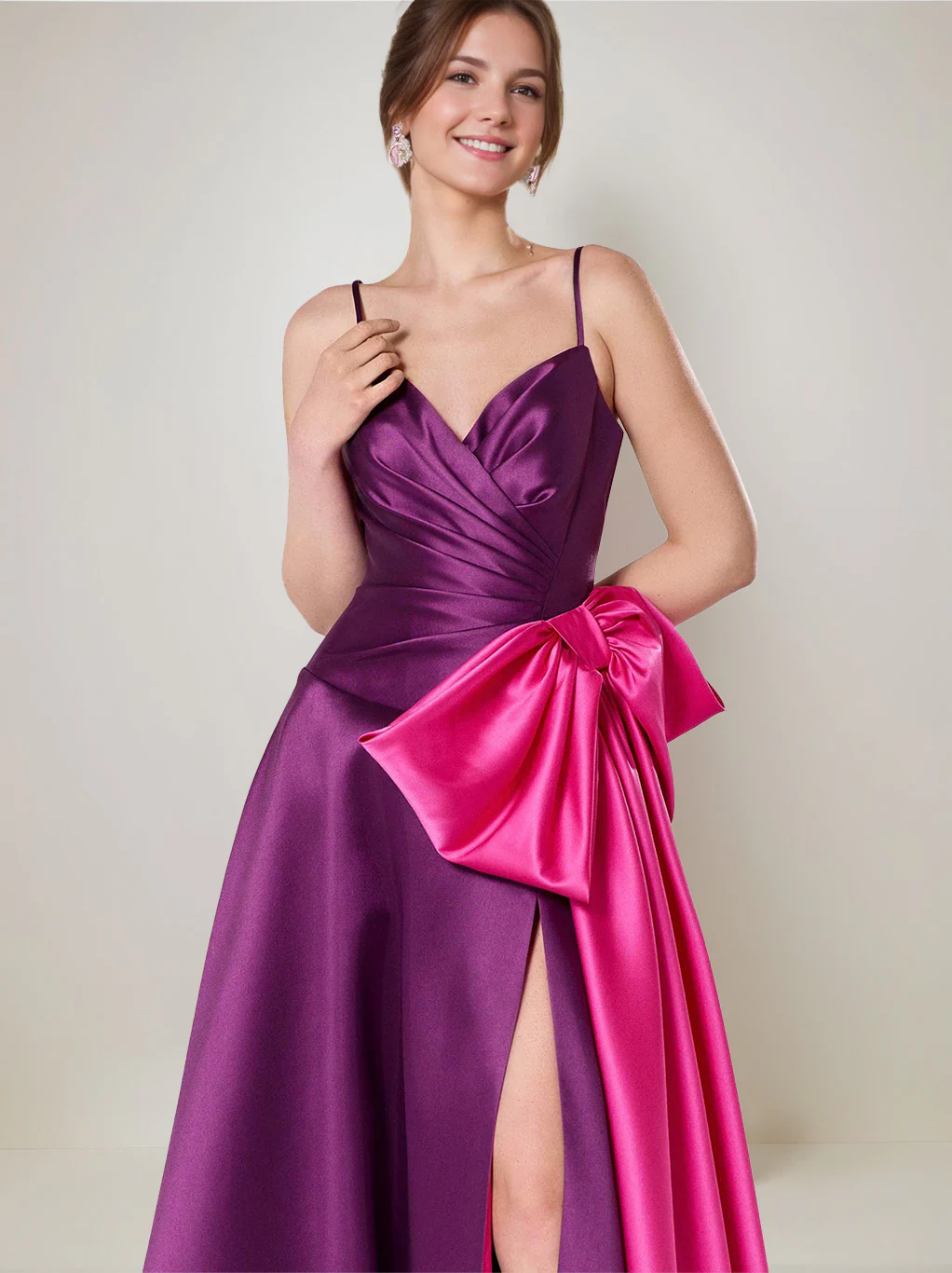 A-Line/Princess Spaghetti Straps Floor-Length Wedding Guest Dresses with Bow & Side Slit - Image 3