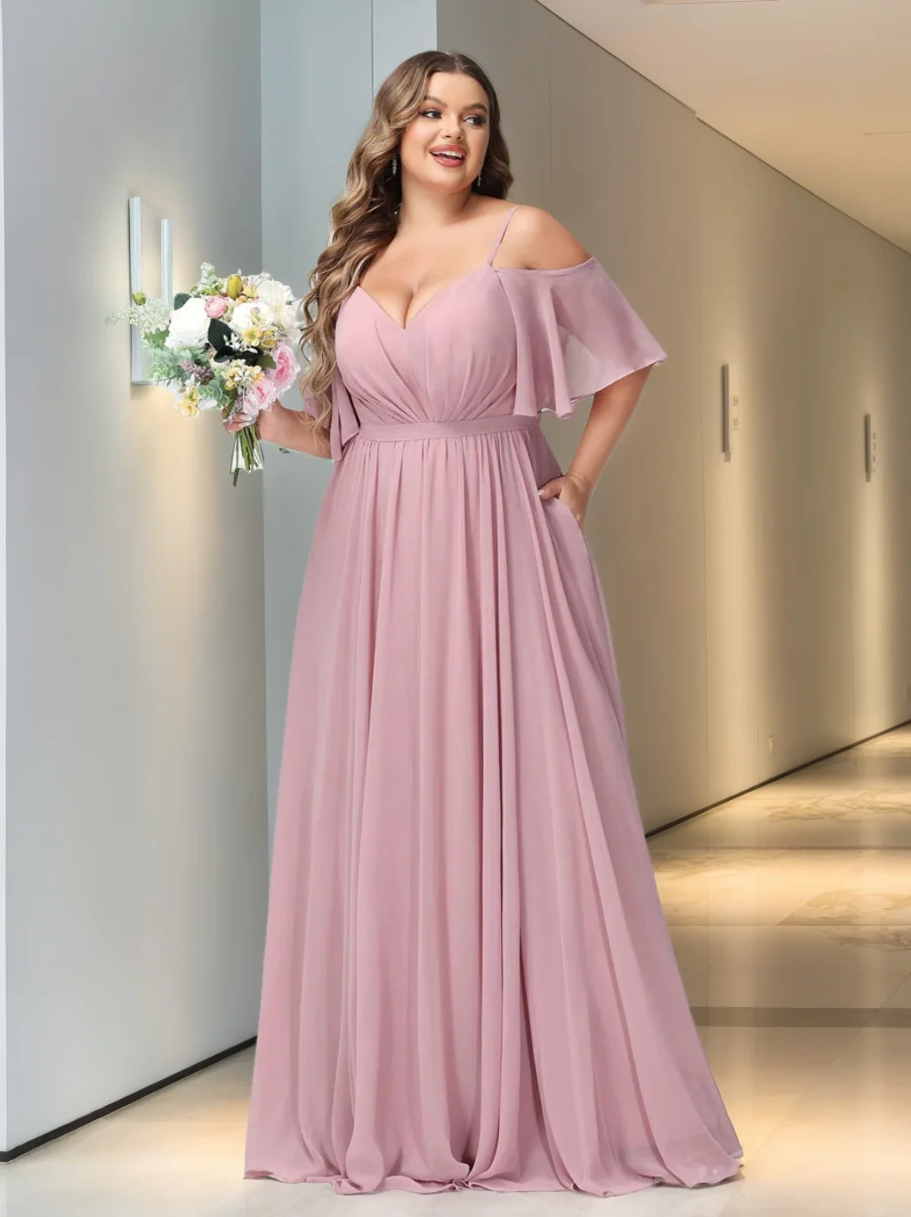 A-Line/Princess Spaghetti Straps Half Sleeves Chiffon Plus Size Bridesmaid Dresses with Pockets