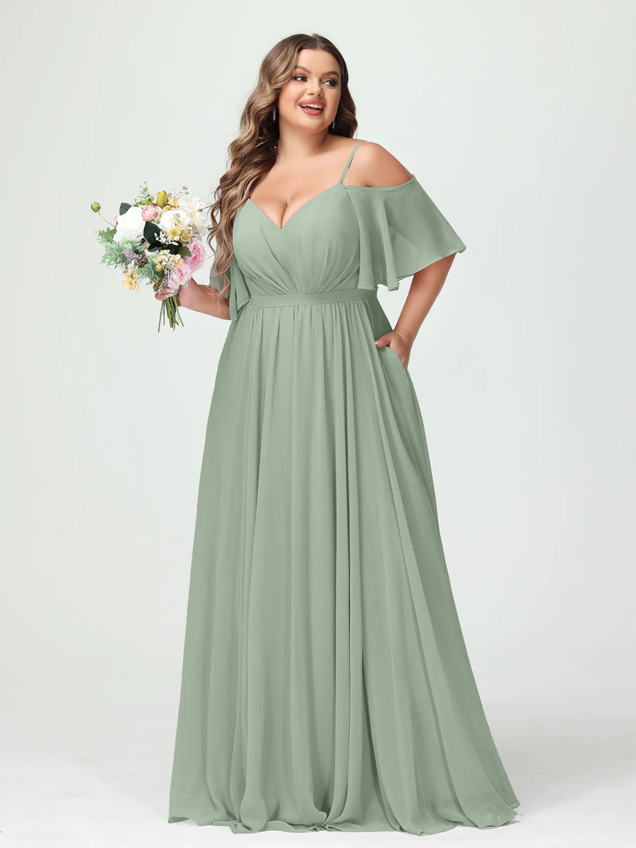 A-Line/Princess Spaghetti Straps Half Sleeves Chiffon Plus Size Bridesmaid Dresses with Pockets - Image 11